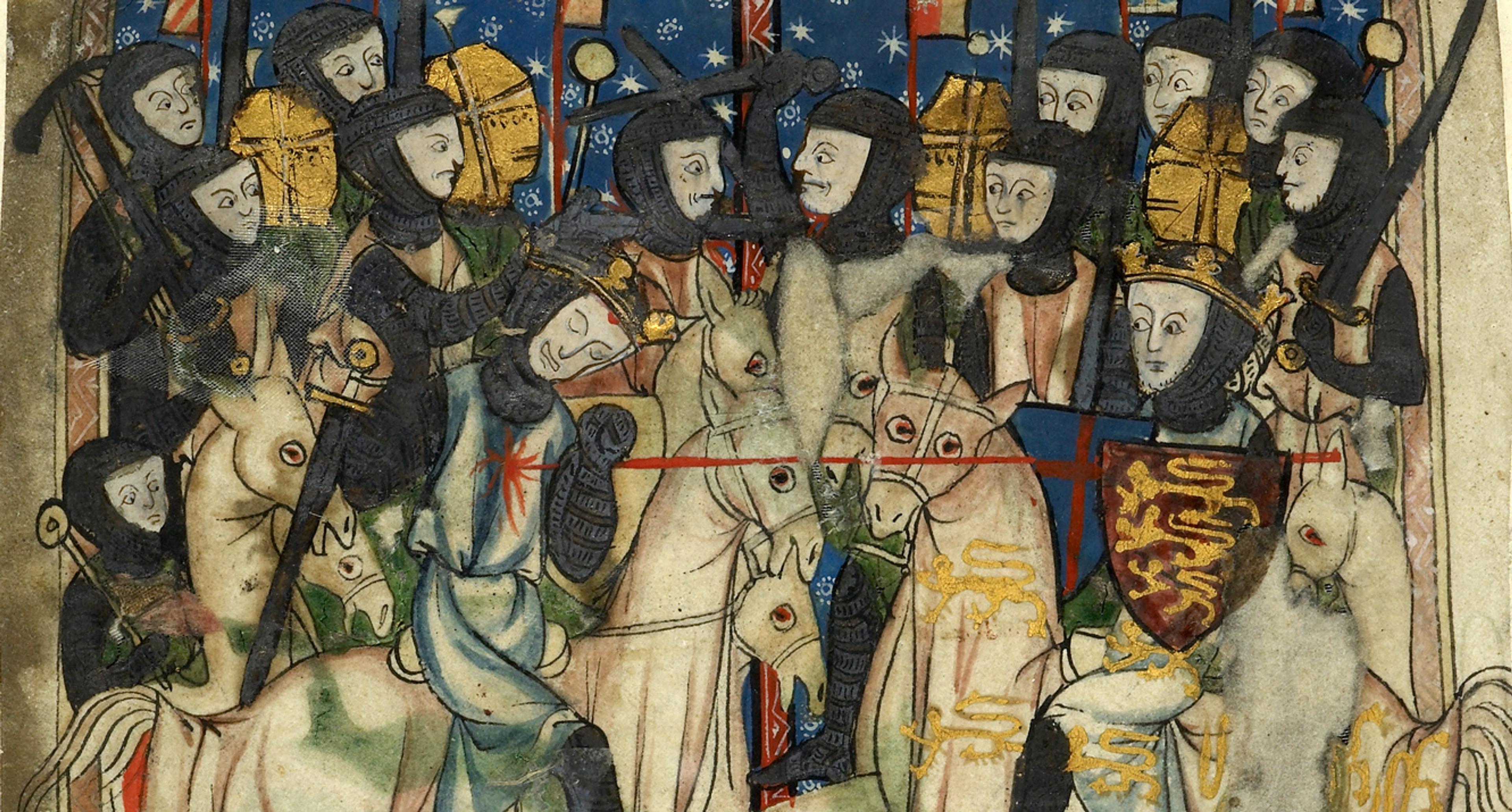 Medieval painting depicting a battle scene with knights on horseback wearing armour and helmets against a colourful backdrop.