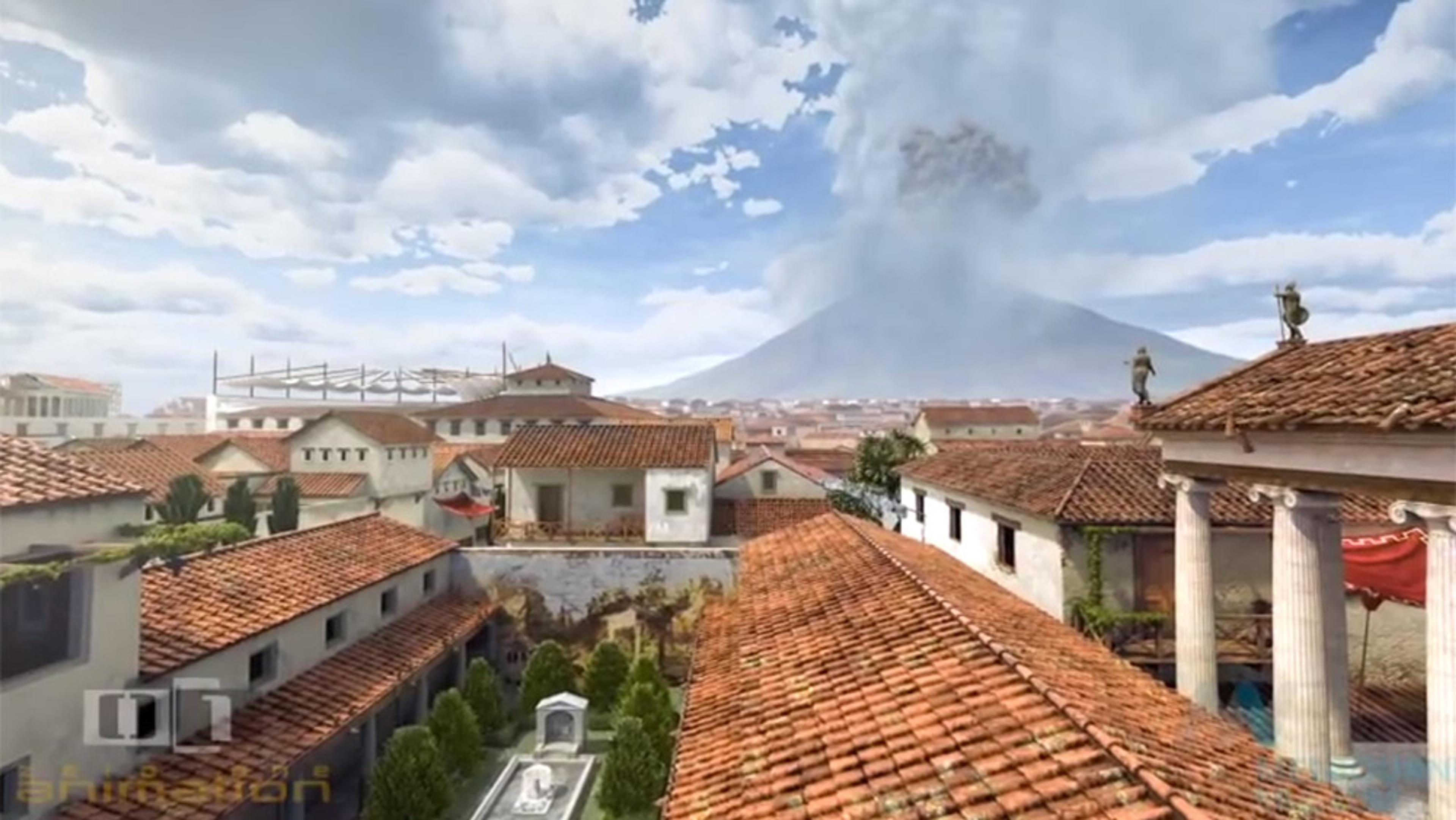 Digital artwork of an ancient Roman town, red roofs and columns, with Mount Vesuvius erupting in the background under a cloudy sky.