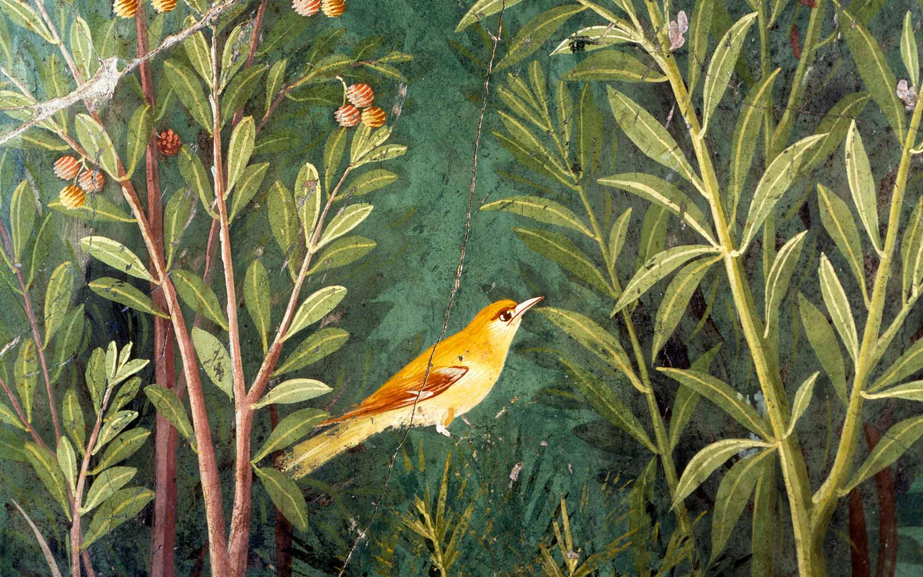 A painting of a yellow bird perched among green leafy branches with small orange berries against a dark green background.