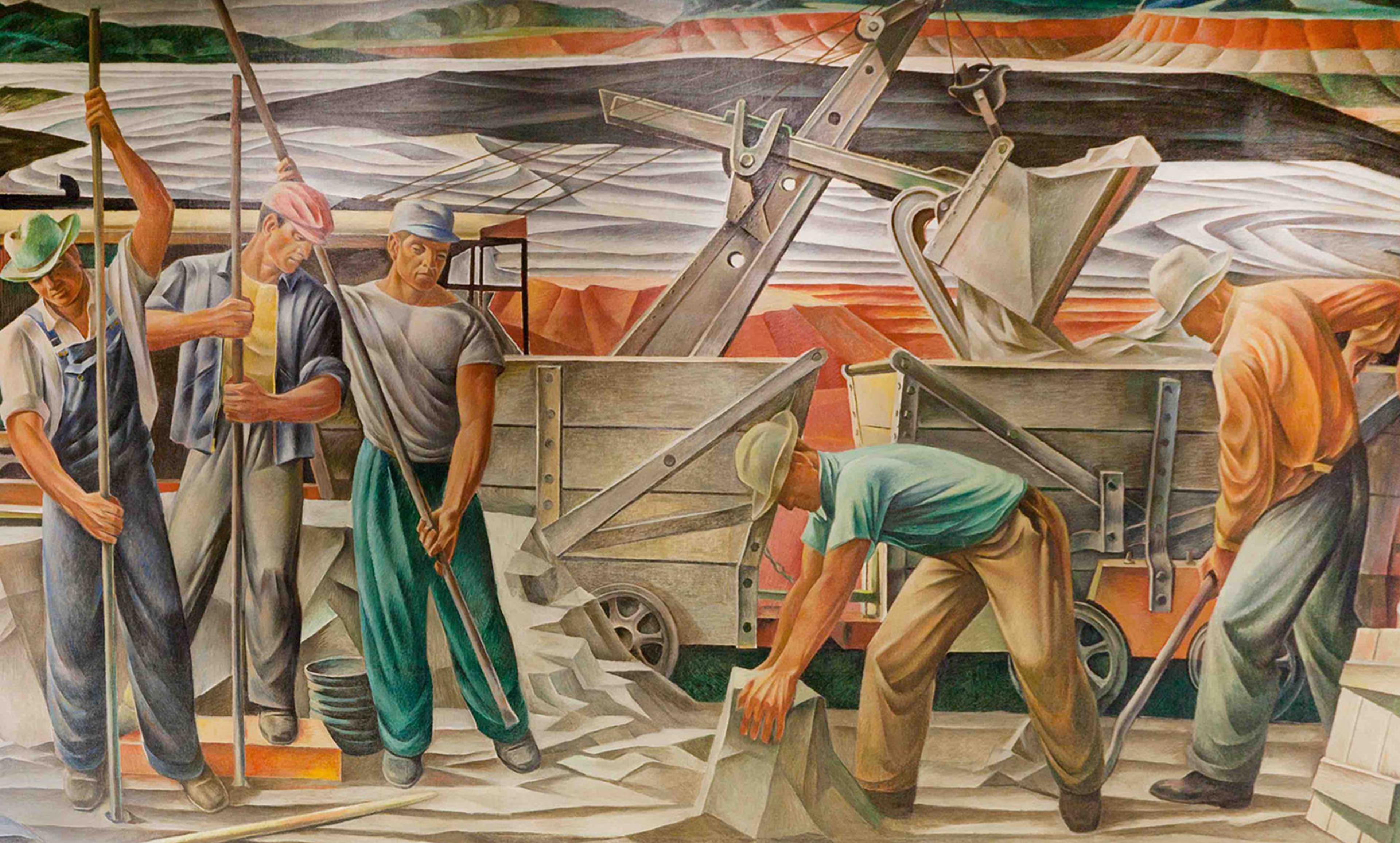 A painting of five labourers working on a construction site with tools and machinery, while a scenic landscape is seen in the background.