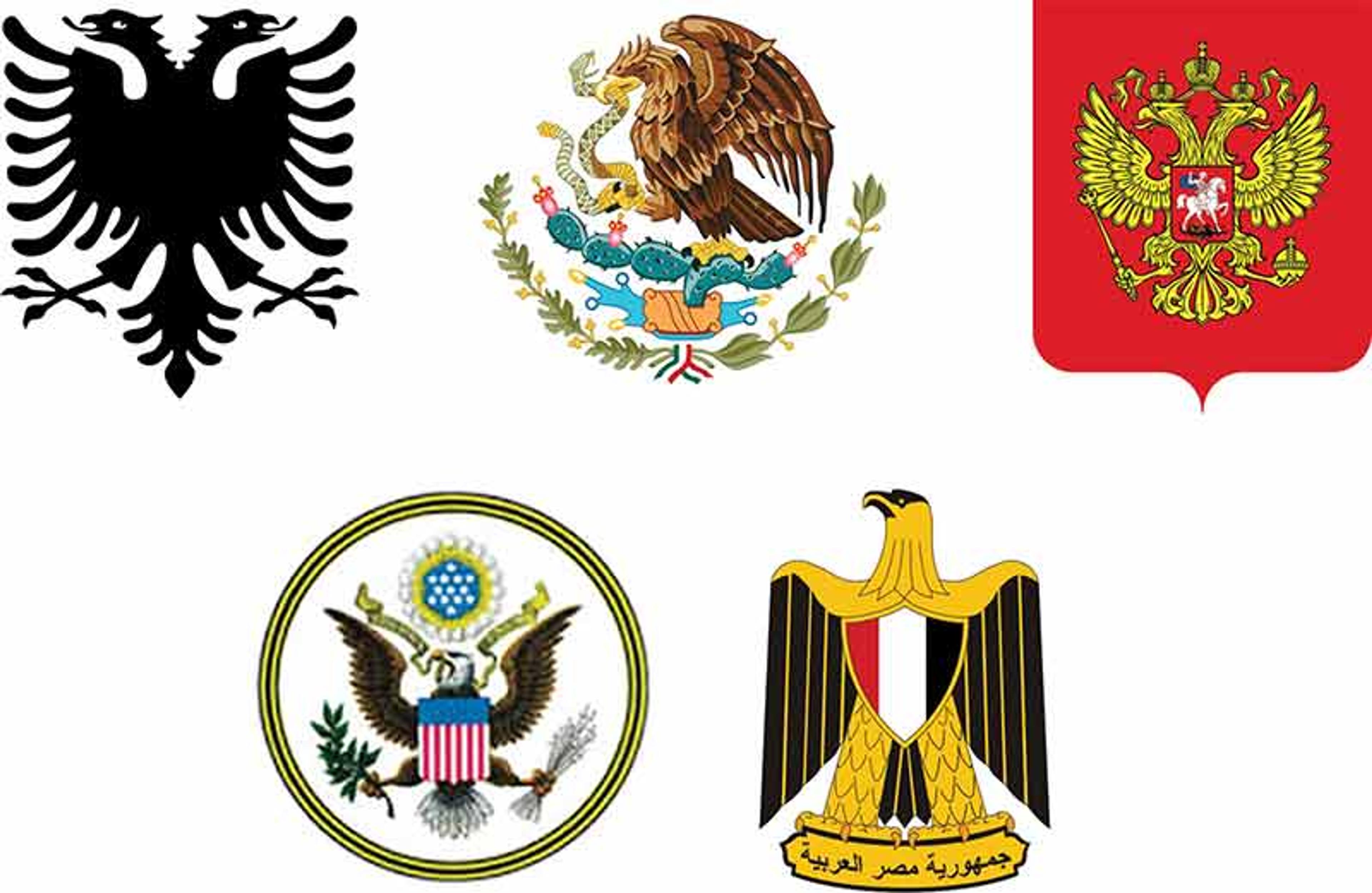 Image of national emblems from different countries including a black double-headed eagle and a golden eagle devouring a snake.