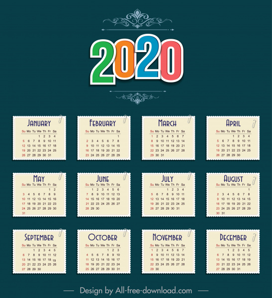 2020 calendar template paper sticker notes sketch 