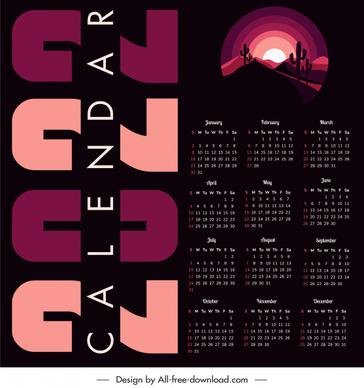 2022 calendar template dark design desert scenery sketch