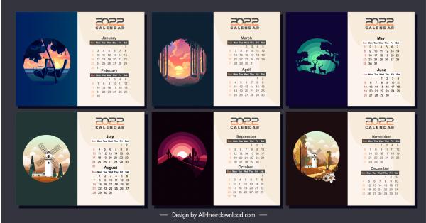 2022 calendar templates classical nature landscapes sketch