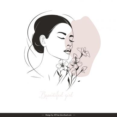 beautiful girl design elements handdrawn line art  