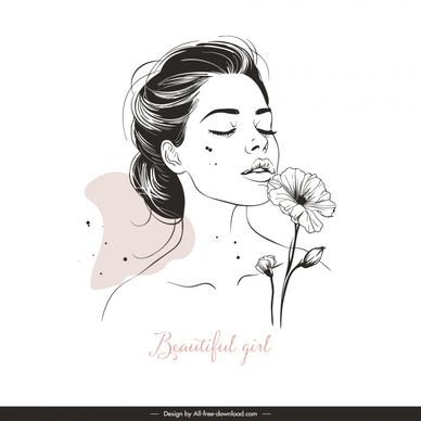 beauty design elements handdrawn girl flower line art 