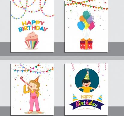 birthday background sets ribbon cake confettie kids icons