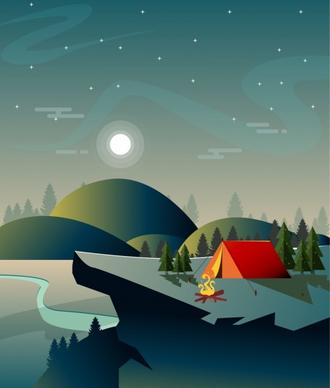 camping background tent mount moon icons sparkling sky