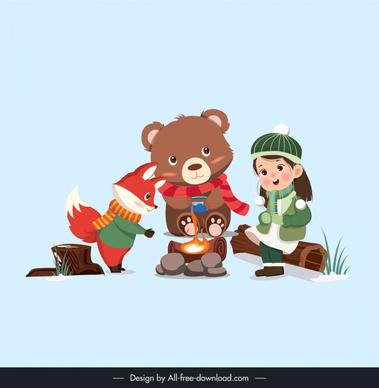 christmas design elements cute girl stylized animals cartoon 