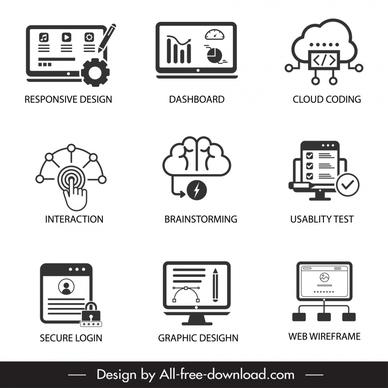 digital icons black white flat symbols sketch