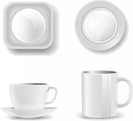 Empty cups and plates on a white