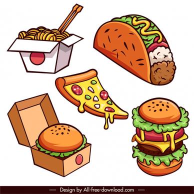 fast food icons handdrawn hamburger pizza noodle sketch