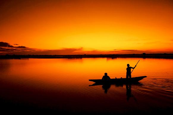 river scene picture dark rowing boat  