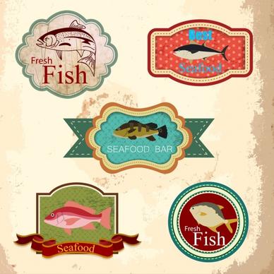 seafood labels collection various retro shapes isolation