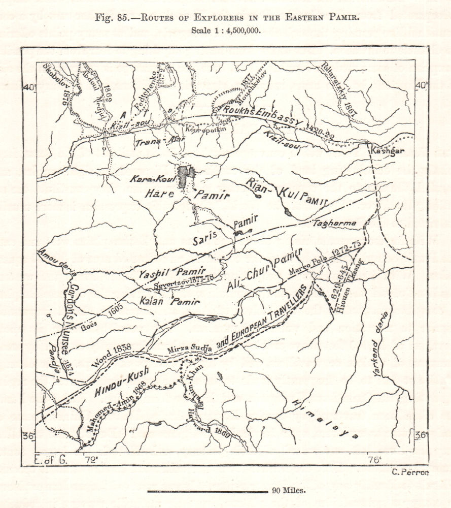 Routes of Explorers in the Eastern Pamir. Hindu Kush. China. Sketch map ...