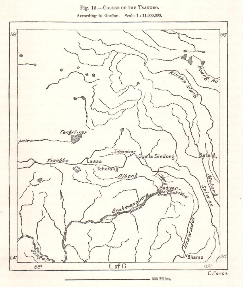 Course of the Yarlung Tsangpo according to Gordon. Tibet. Sketch map 1885