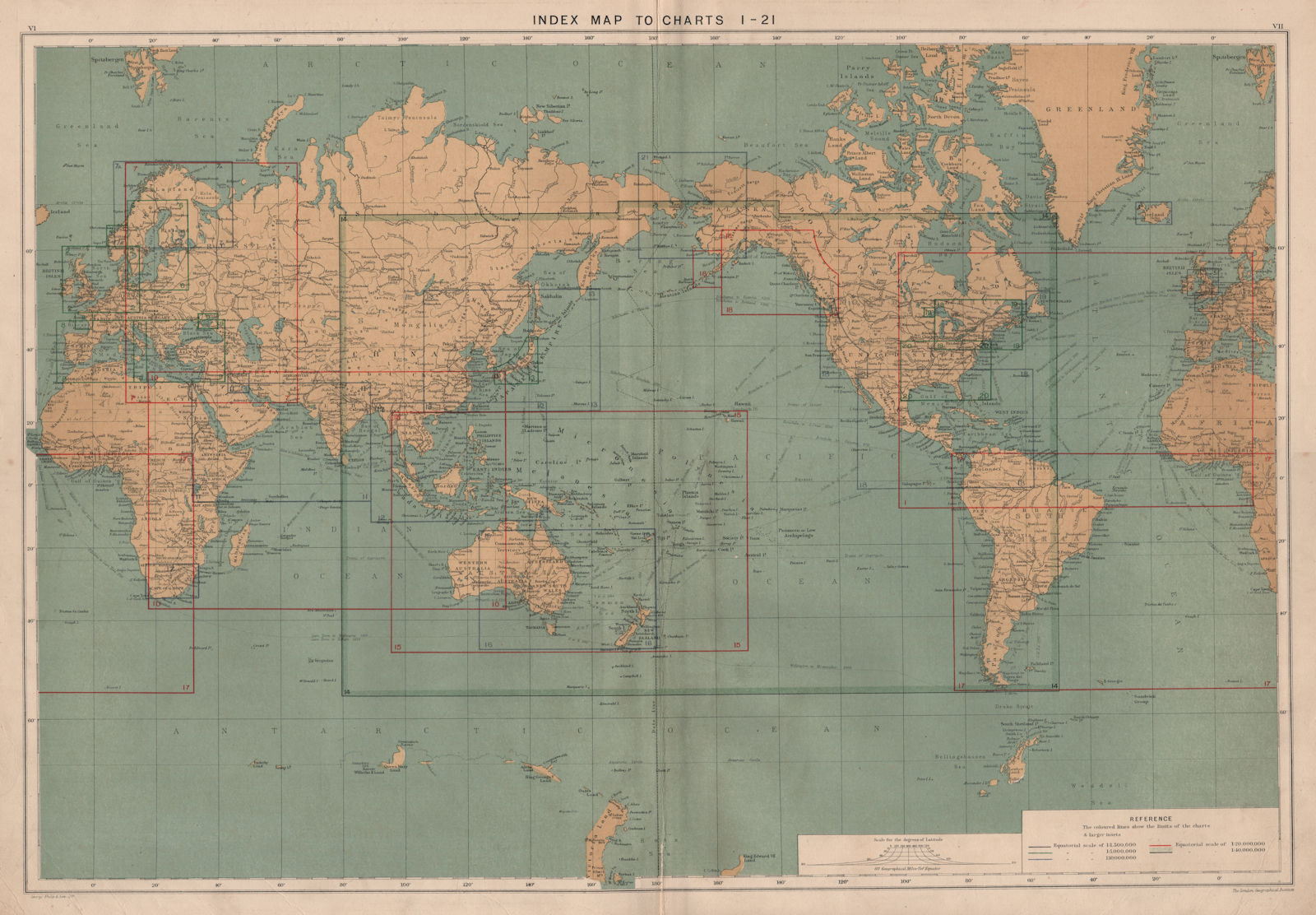 WORLD. Index Map To Charts 1-21. World. Large 50x70cm 1918 old antique