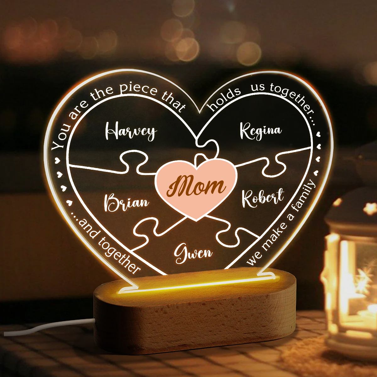 You Are The Piece That Holds Us Together Custom Heart Acrylic Night Light, Personalized Mothers Day Puzzle Piece Led Light, Gifts for Mom from Kids