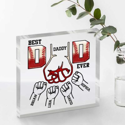 Personalized Baseball Dad And Kids Fist Bump Acrylic Block With Name, Custom Baseball Dad Gift, Baseball Dad Husband Desk Decor