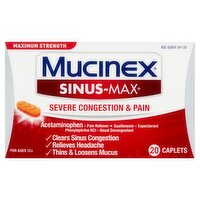 Mucinex Sinus-Max Maximum Strength Severe Congestion & Pain Caplets, For Ages 12+, 20 count