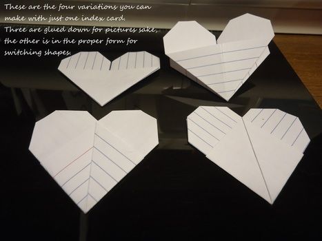 Origami, heart, index card, hobby, paper .  Free tutorial with pictures on how to fold an origami shape in under 5 minutes by paper folding, paper folding, and paper folding with index cards. Inspired by crafts, hearts, and hearts. How To posted by Rachel's Craft Channel. Difficulty: Easy. Cost: No cost. Steps: 2