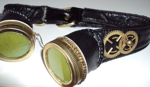 Cheap but effective Steampunk Goggles .  Make a pair of goggles in under 180 minutes using acrylic paint, chain, and needle & thread. Inspired by halloween, gothic, and steampunk. Creation posted by Juliet J. Difficulty: 3/5. Cost: Cheap.