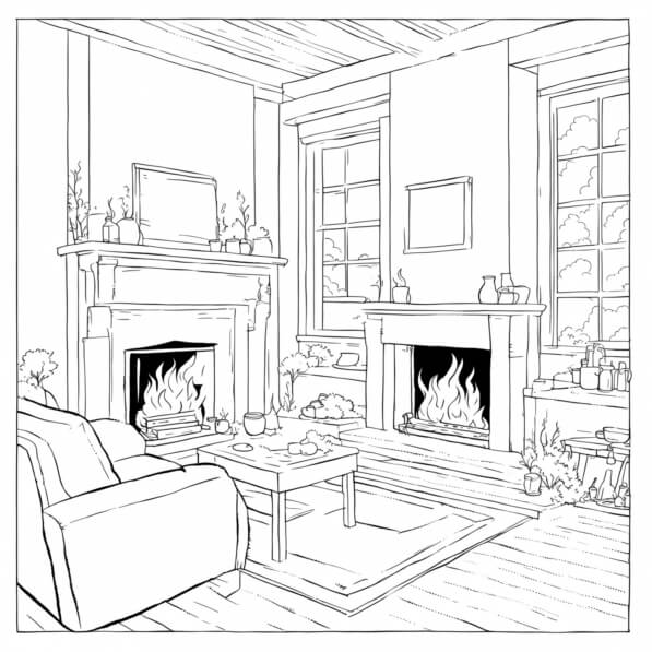 Download Cozy Living Room Outline Drawing with Furniture and Fireplace ...