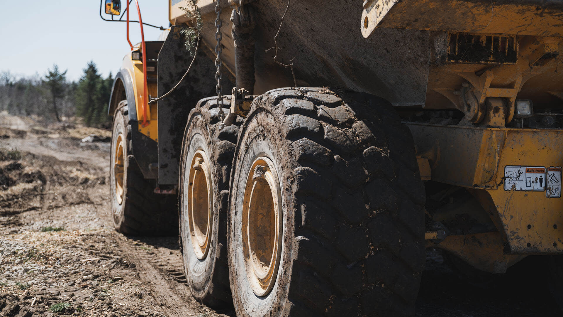 Close up of a construction machine's wheels