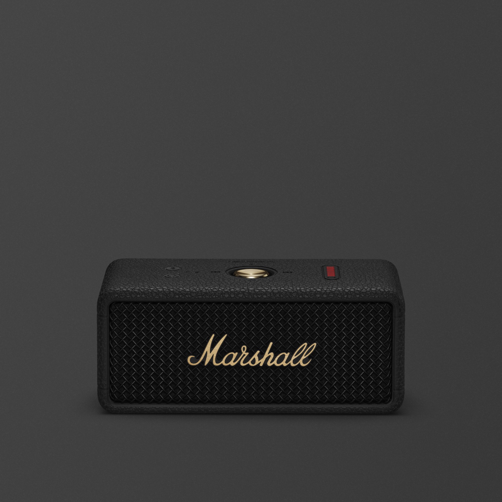 Marshall Emberton III Schwarzer und messingfarbener tragbarer Bluetooth-Lautsprecher.