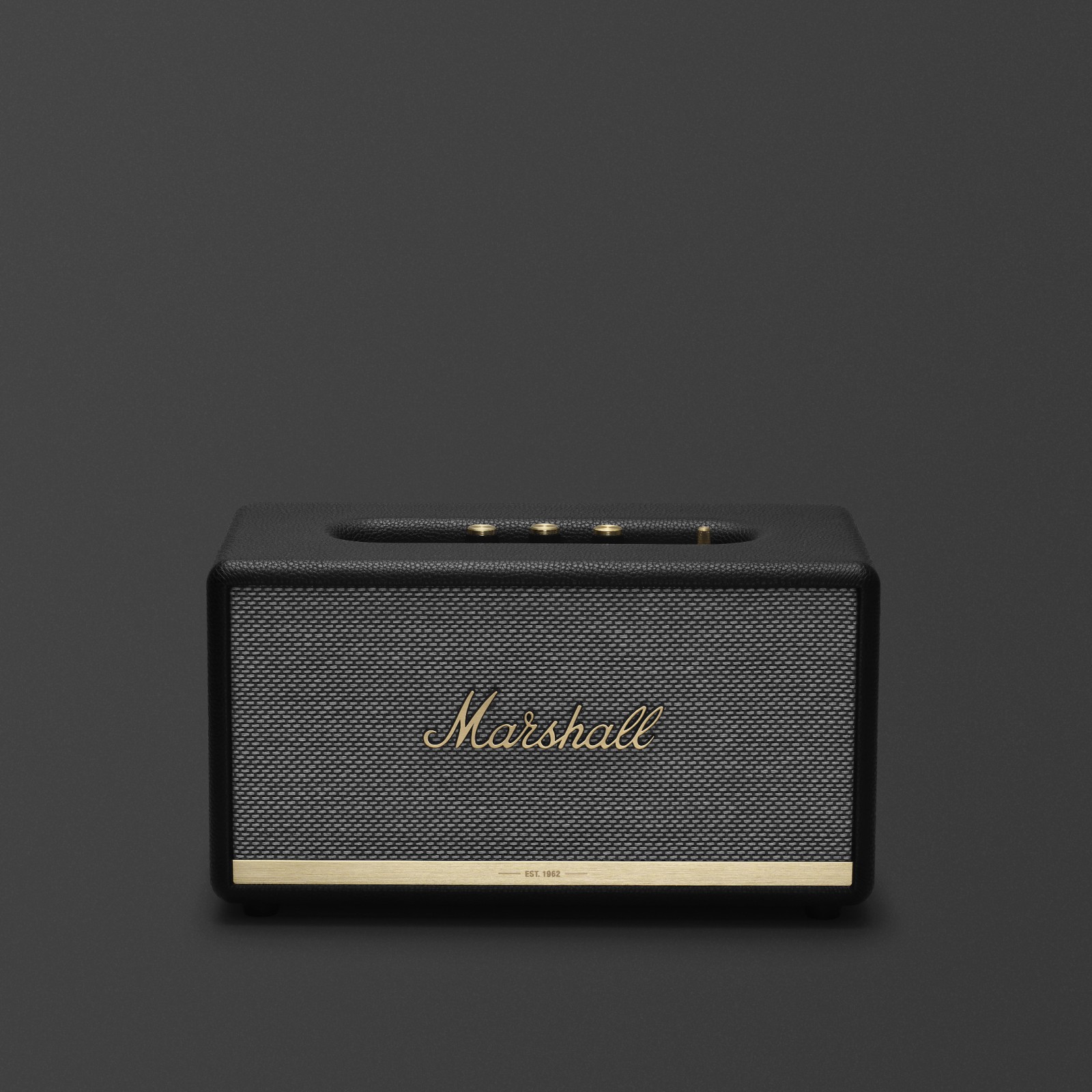 Ein Marshall Stanmore II Bluetooth-Lautsprecher mit einem strukturierten Gitter und goldenen Akzenten auf dunkelgrauem Hintergrund.