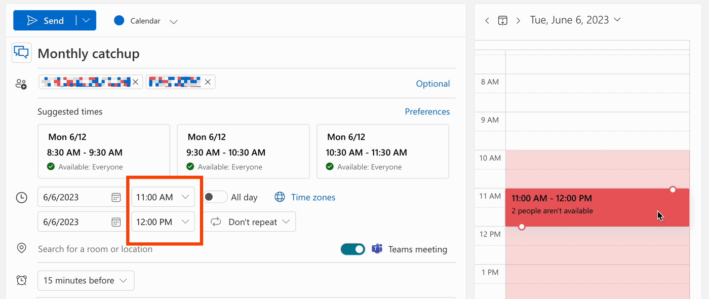 Demo of how to find an available meeting time in the calendar panel of a new event window in Outlook Calendar.