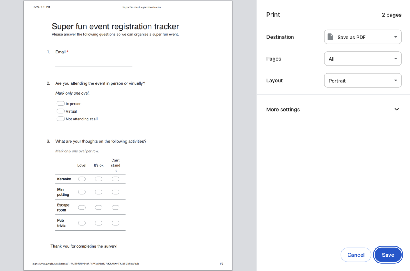 Example of a PDF-version of a Google Form.