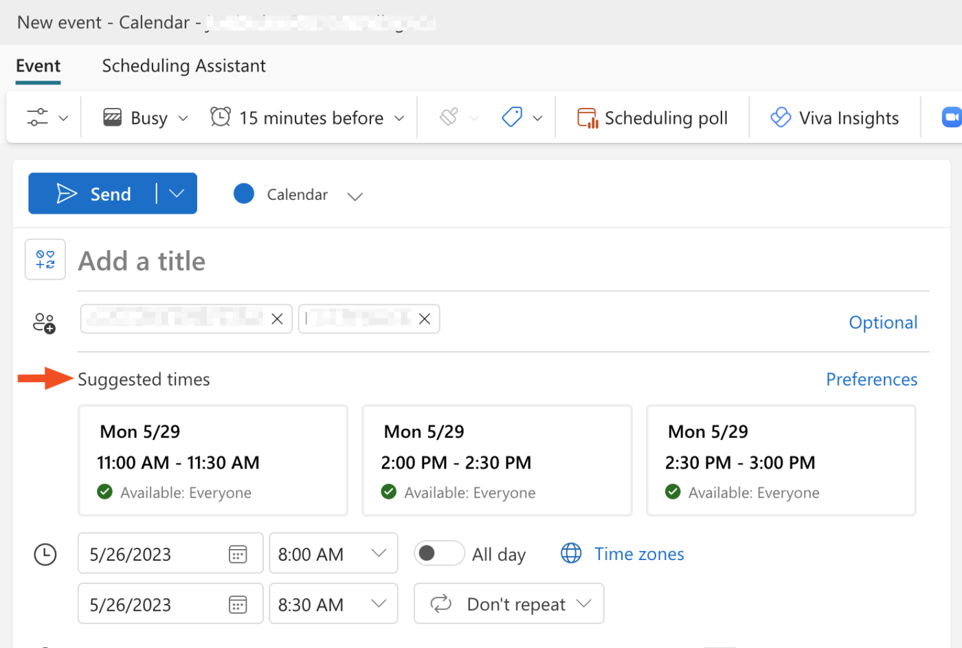 Portion of a new event window in Outlook calendar. There's an arrow pointing to the section with three suggested meeting times.