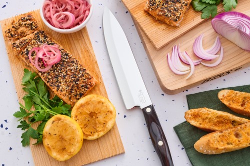 Cedar Plank Roasted Everything Bagel Salmon and Pickled Red Onions