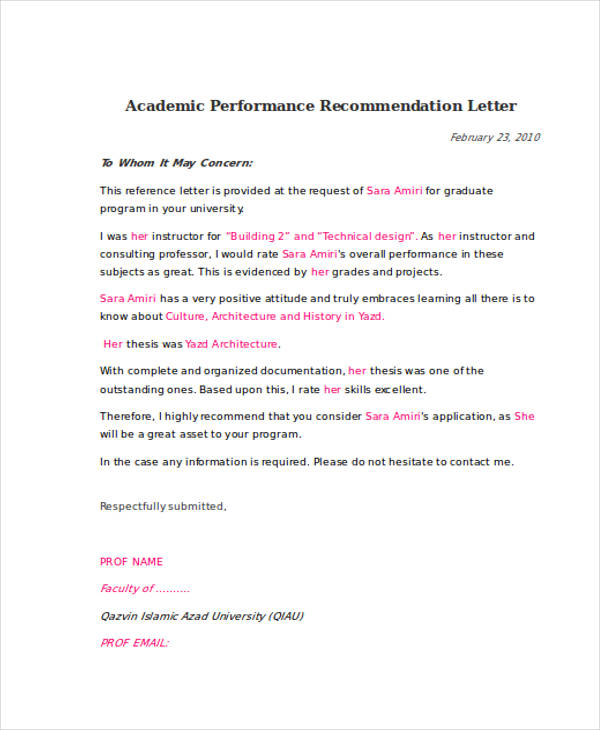 Academic Performance Recommendation Letter