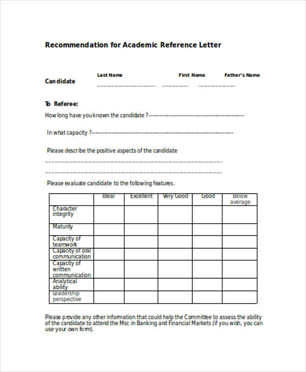 Academic Reference Recommendation Letter