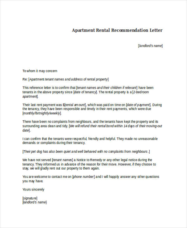 Apartment Rental Recommendation Letter