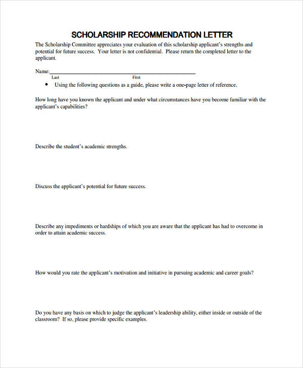 Basic Scholarship Recommendation Letter