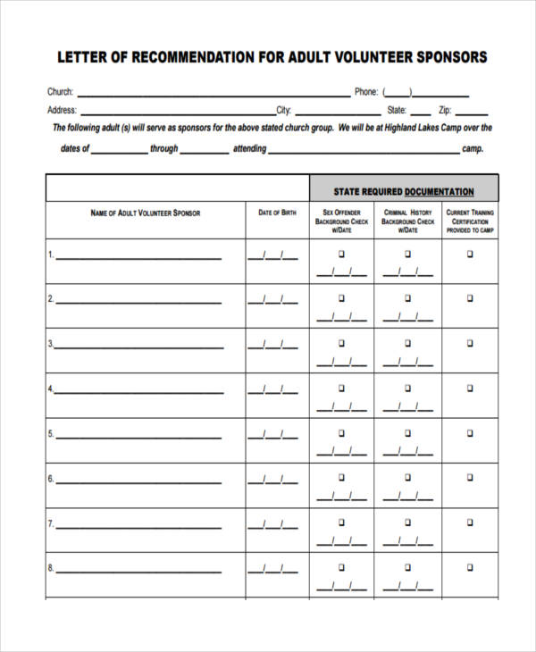 Church Volunteer Recommendation Letter