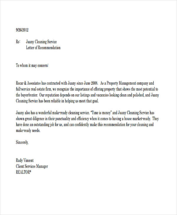 Cleaning Company Recommendation Letter