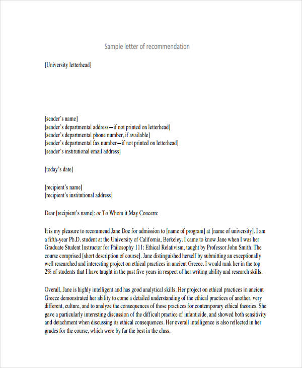 Free Recommendation Letter for Student