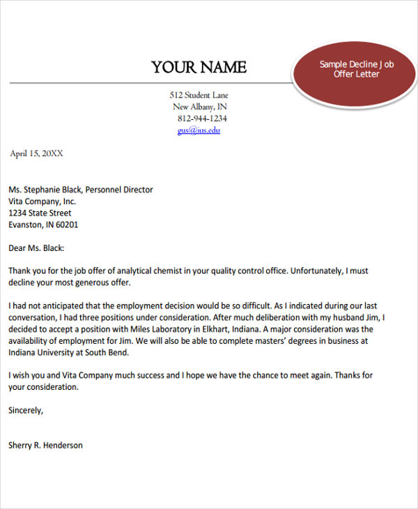 Job Offer Rejection Letter