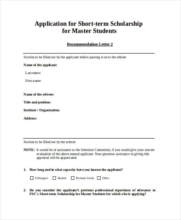 Master Scholarship Recommendation Letter