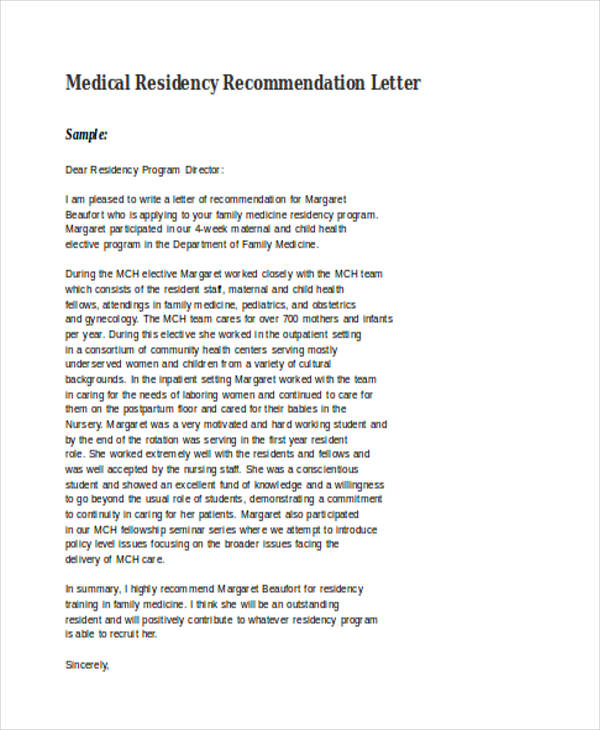 Medical Residency Recommendation Letter