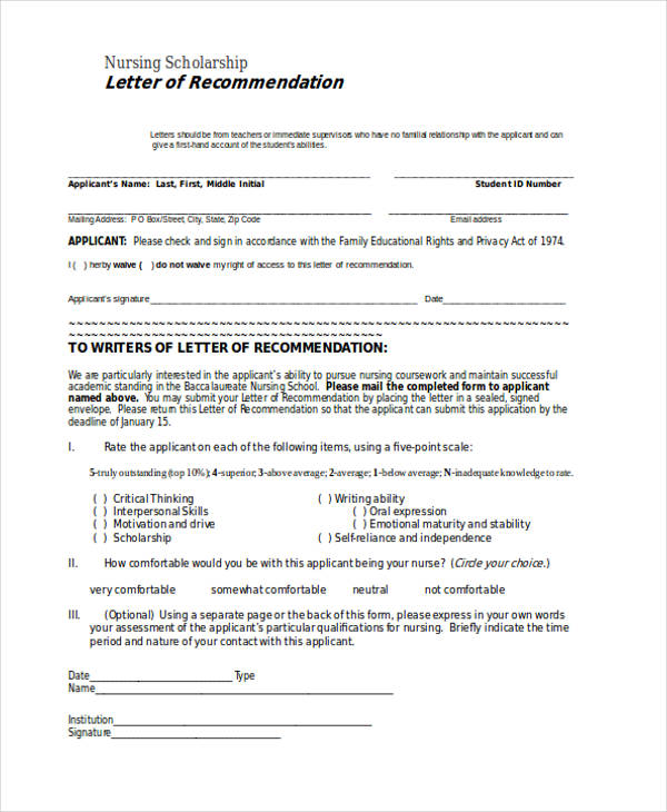 Nursing Scholarship Recommendation Letter