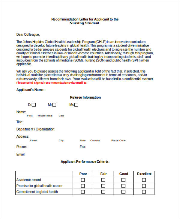 Nursing Student Recommendation Letter