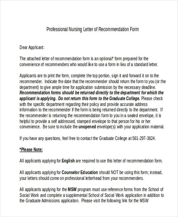 Professional Nursing Recommendation Letter