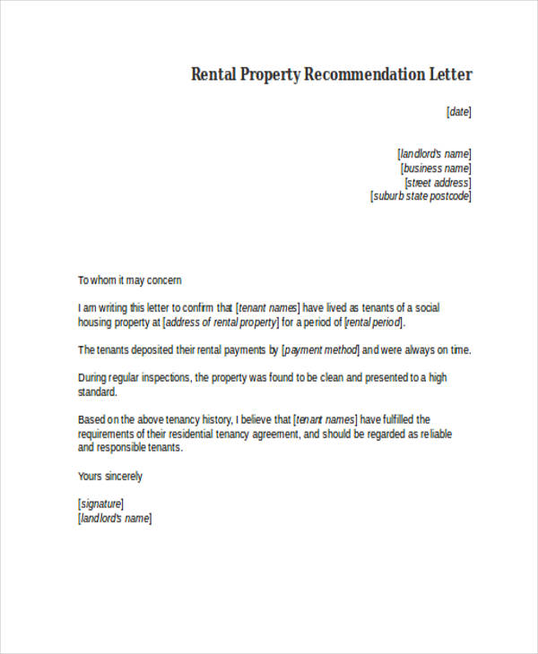 Rental Property Recommendation Letter