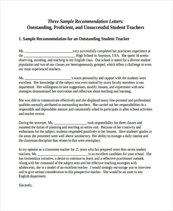 Student Teacher Recommendation Letter