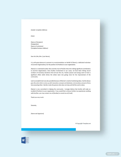 Community Service Recommendation Letter Template